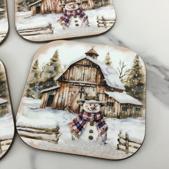 Rustic Country Snowman Wood Hardboard Coasters Set of 4 - Picture 6 of 9